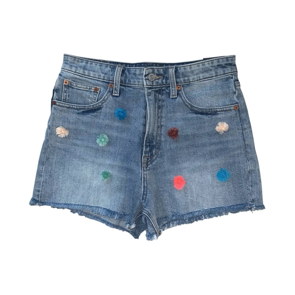 Lucky Brand Denim Shortie Shorts Women’s 28 Medium Wash Pom Pom “Lucky Pins” NWT